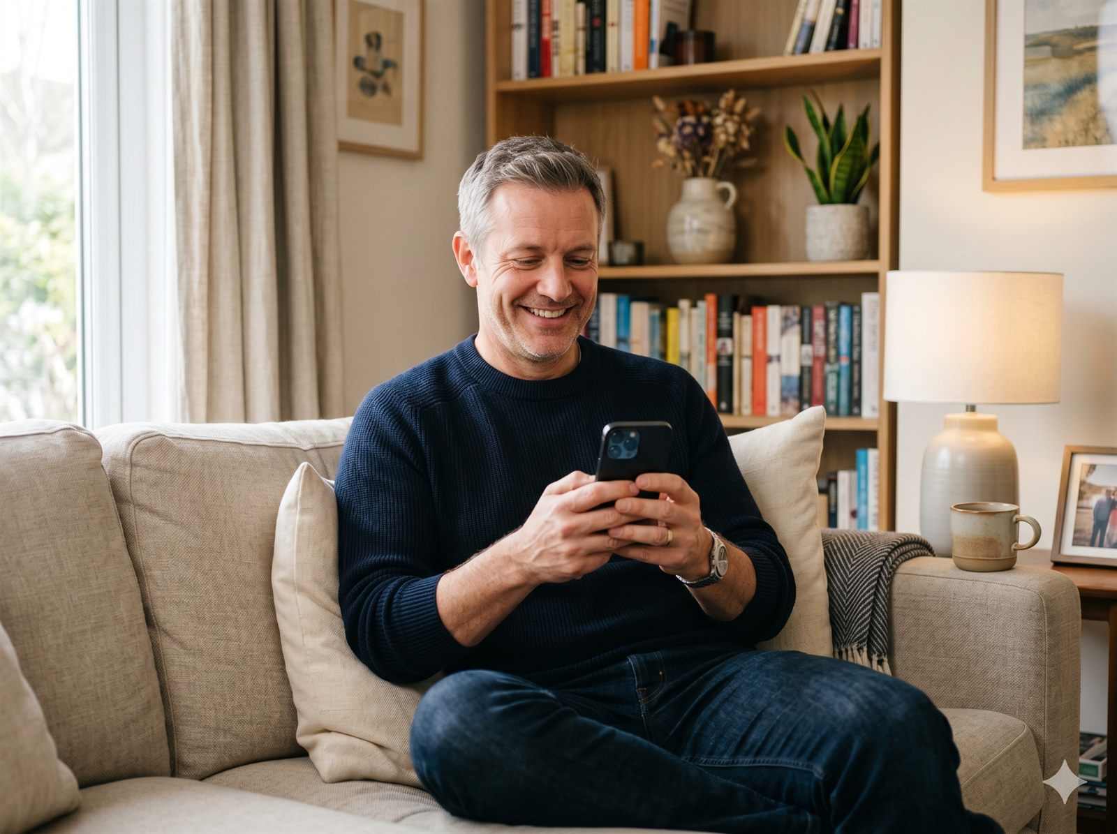 A happy customer referring a friend from their couch